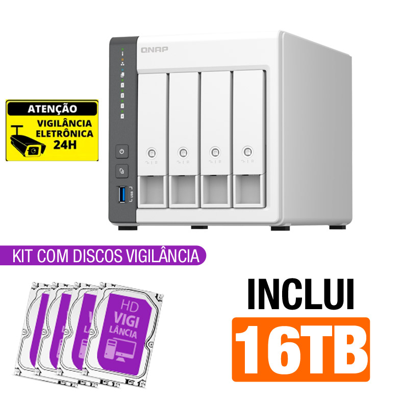 Servidor NAS Qnap TS-433-4G - 16TB - Quad-Core 2.0GHz - 4GB RAM - 1x 2.5Gb - 1x 1Gb - Inclui 4 HDs Vigilância de 4TB