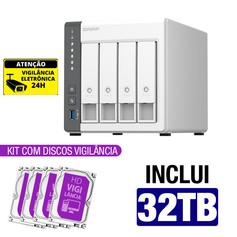 Servidor NAS Qnap TS-433-4G - 32TB - Quad-Core 2.0GHz - 4GB RAM - 1x 2.5Gb - 1x 1Gb - Inclui 4 HDs Vigilância de 8TB