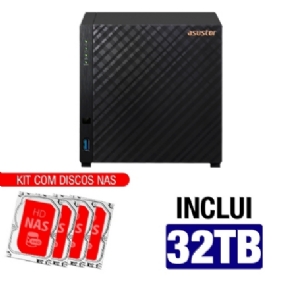 Servidor NAS Asustor AS1104T 32TB - CPU Quad-Core 1.4GHz - 1GB RAM - 2,5 Gigabit - Transcodificação 4K - Inclui 4 HDs NAS de 8TB
